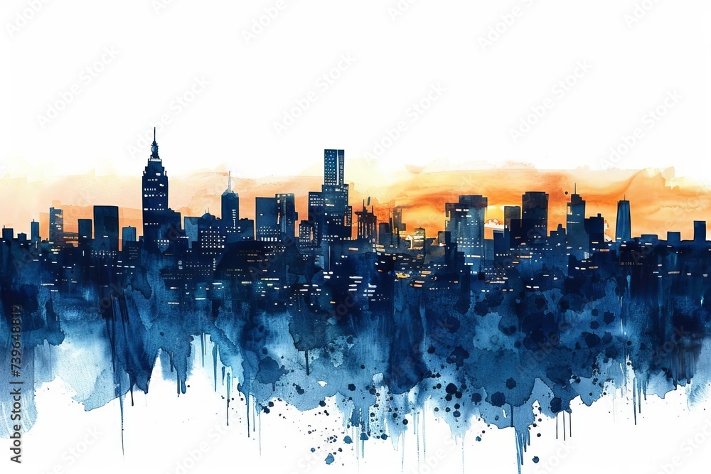 Watercolor skyline at dusk Panoramic cityscape painted in deep blue and orange hues Isolated on white background