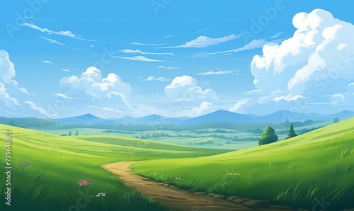 Summer fields  hills landscape  green grass  blue sky with clouds  flat style cartoon painting illustration. Generative AI 