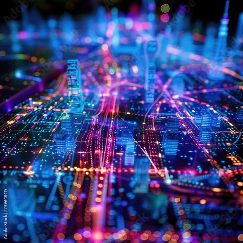 Vibrant digital representation of a modern city's data and communication network.