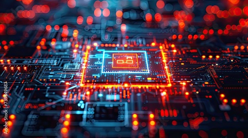 Macro view of an integrated circuit chip with glowing security features. photo