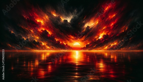 Apocalyptic Vision: Fiery Skies Over Dark Sea and Ruins © Ross