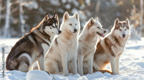 siberian husky group sitting together snowy winter