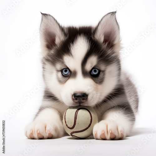 Siberian husky puppy playing ball isolated