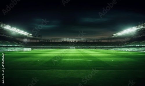 universal grass stadium illuminated by spotlights and empty green grass playground. Generative AI 