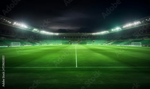 universal grass stadium illuminated by spotlights and empty green grass playground. Generative AI 