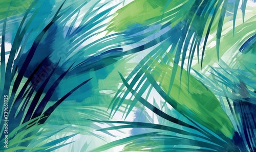 Palm leaves floral watercolour vivid abstract background in a modern style. Botanical design  vivid blue and emerald green colours. Generative AI 