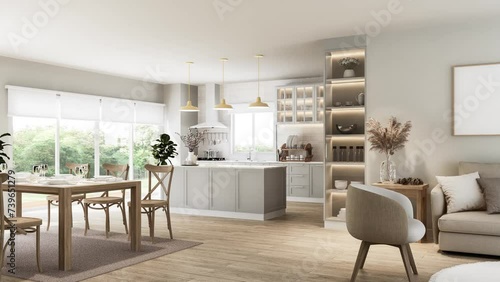 Animation of modern luxury vintage style living and dining room overlooking kitchen and nature view 3d render, There are wooden floor ,decorated with wooden furniture photo