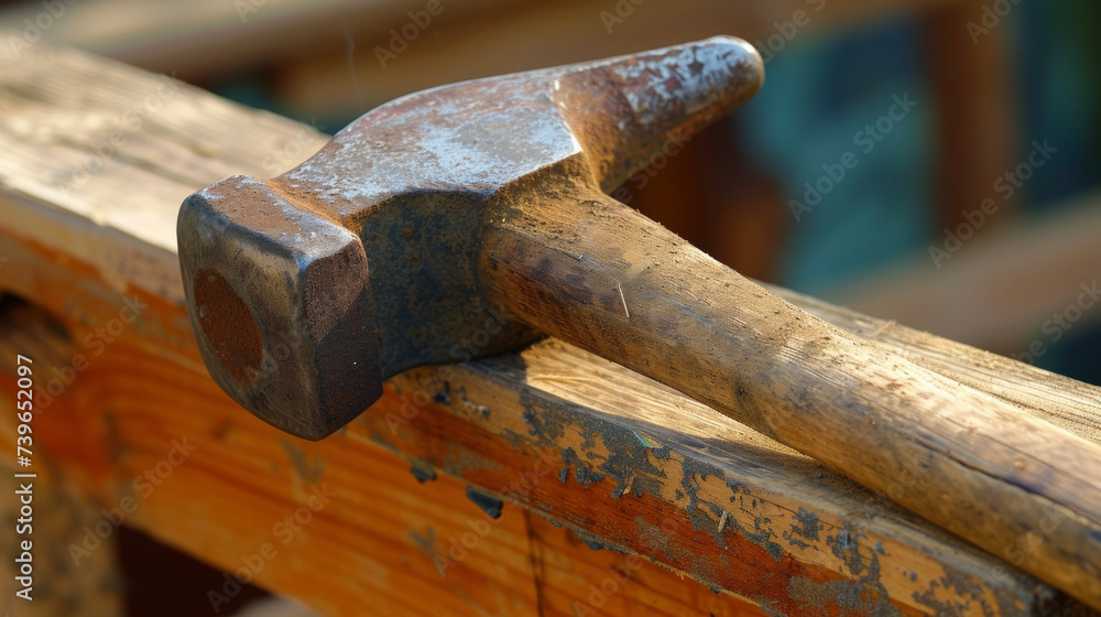 A worn and wellloved hammer marked with years of use strikes a nail with expert precision as it secures a new railing in place. A worn and wellloved hammer marked with years of use strikes a nail with expert precision as it secures a new railing in place.