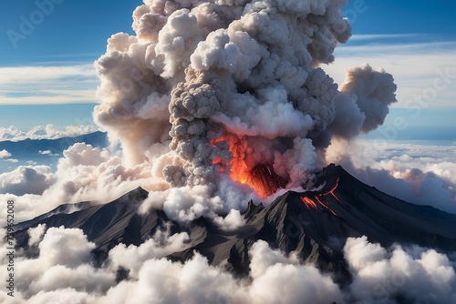 AI generated illustration above clouds, volcano erupting, photography, sharp image.