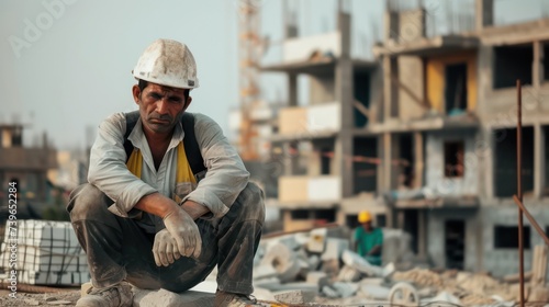 A lone construction worker sits in despair against the backdrop of the construction site. The worker appears disheartened and downtrodden, likely due to inadequate wages or fired.
 photo