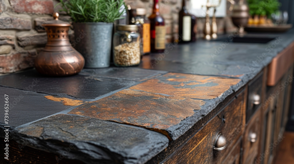 The natural beauty of a slate countertop with its earthy tones and rugged texture adding a rustic charm to a kitchen or outdoor bar area.