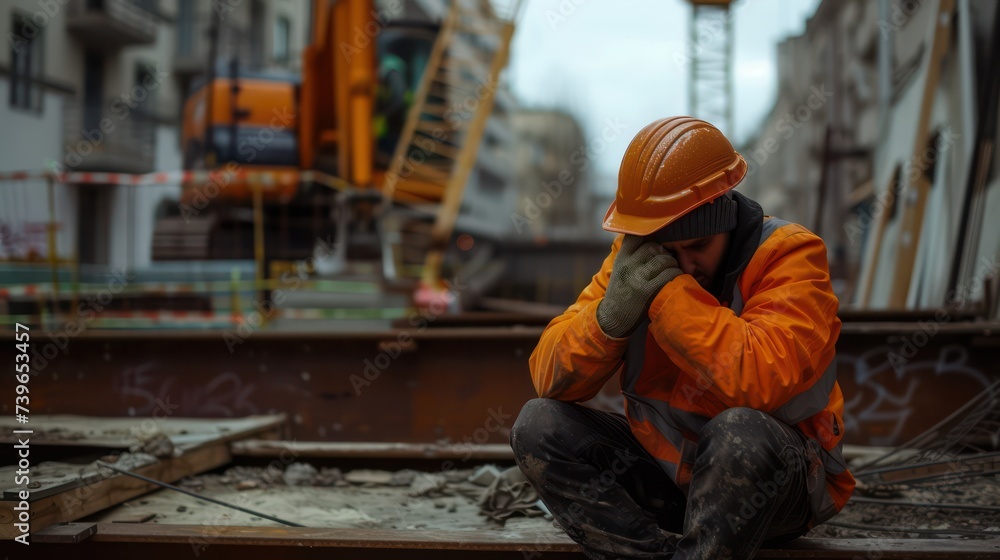 A lone construction worker sits in despair against the backdrop of the construction site. The worker appears disheartened and downtrodden, likely due to inadequate wages or fired.
A lone construction worker sits in despair against the backdrop of the construction site. The worker appears disheartened and downtrodden, likely due to inadequate wages or fired.