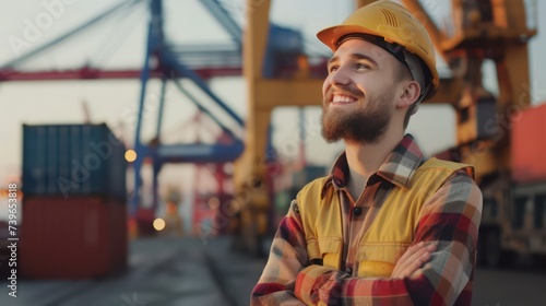 A cheerful young male port worker at a shipping point gestures proudly at the docks. 