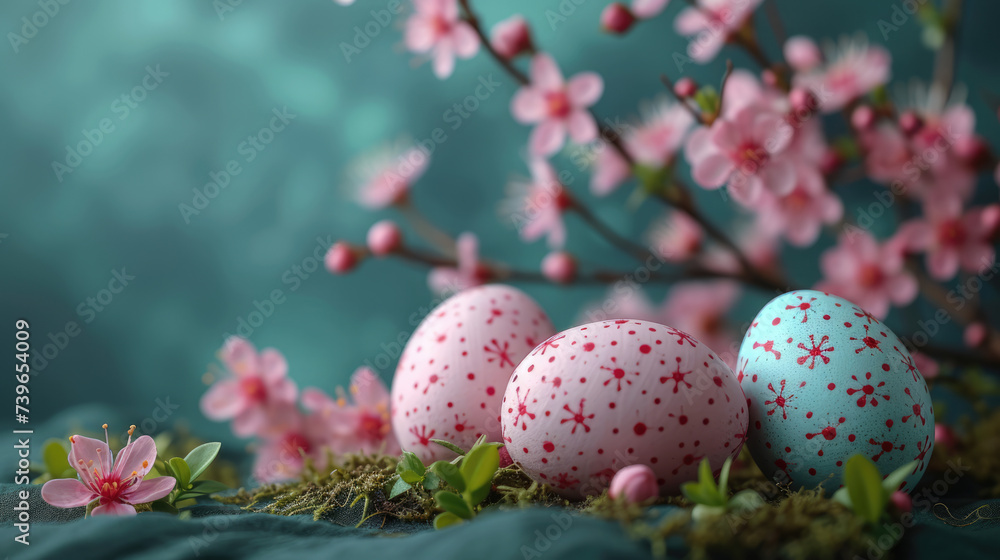 Embrace the festive spirit of Easter with a delightful array of decorations adorning a springtime scene, where colorful eggs, blooming flowers, and lush green grass come together to celebrate the joys
