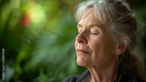 A closeup of a senior womans face as she participates in a guided breathing exercise her expression serene and her mind centered with a backdrop of calming greenery. photo