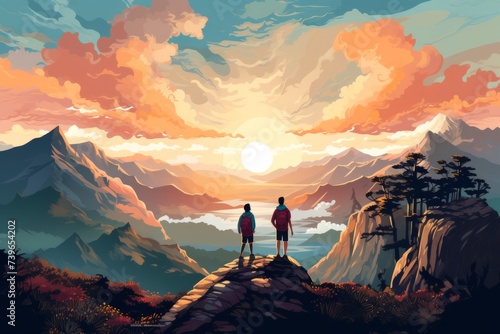 Cartoon cute doodles of characters admiring a sunrise or sunset from a mountain peak, capturing the beauty of the natural landscape, Generative AI © Starlight