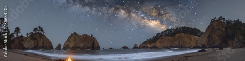 Panoramic Campfire on Secluded Beach Under Stars