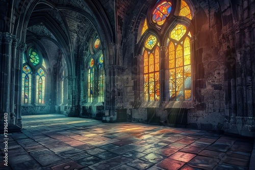 Gothic Cathedral Interior with Stained Glass