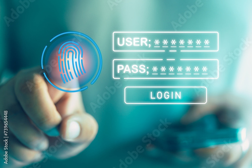 Entering your password via biometric identity verification access with fingerprint, fingerprint scanning for identity verification to access username and password