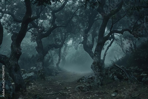 Creepy forest with fog and an ominous atmosphere for a halloween theme