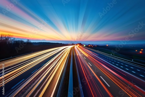 Urban highway at dusk with dynamic motion blur and city lights