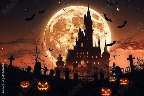 Spooky halloween scene with a haunted castle silhouette against a full moon Surrounded by flying bats and jack-o'-lanterns in a creepy graveyard photo