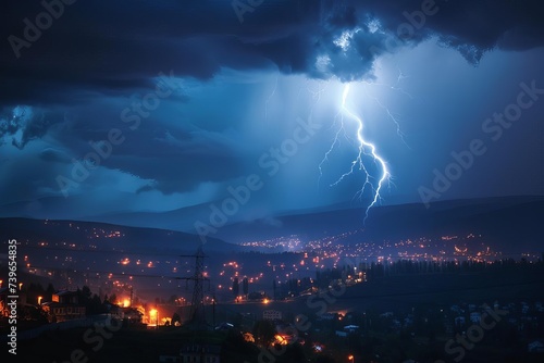 Dramatic thunderstorm over a cityscape at night Capturing the raw power of nature with lightning bolts illuminating the sky