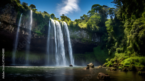 Mesmerising Summertime View of a Pristine Waterfall Nestled in the Heart of a Rainforest Mountain Range
