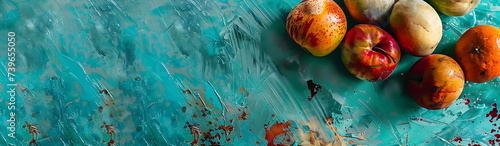 colorful fruits on a turquoise surface in the style o photo