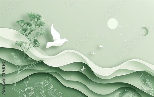 Banner for the main page of a website or page on social networks on hypnotherapy. Freedom of thought and soul. An image of calm and relaxation. Multi-layered minimalist collage in soft green color.