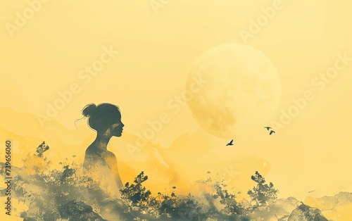 Banner for the main page of a website or page on social networks on hypnotherapy. Freedom of thought and soul. An image of calm and relaxation. Multi-layered minimalist collage in soft yellow color.