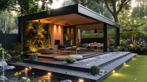 Small but modern veranda that is made with natural and black wood in a backyard. Generative AI.