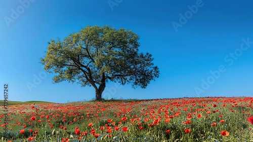Single tree stands tall amidst a field of red poppies, under the clear blue sky of a vibrant rural landscape