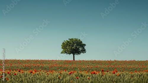 Single tree stands tall amidst a field of red poppies, under the clear blue sky of a vibrant rural landscape