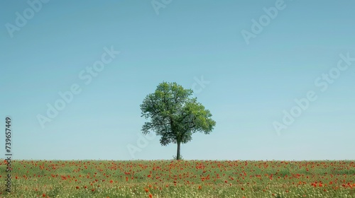 Single tree stands tall amidst a field of red poppies, under the clear blue sky of a vibrant rural landscape