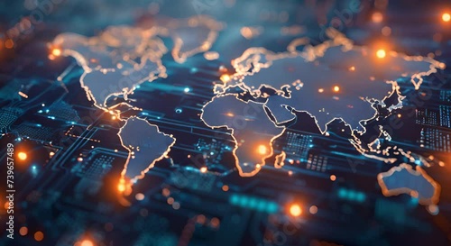 Close up of an illuminated digital world map with bright flashes of light against a dark blue background. Represents global connectivity through advanced technology and networks photo