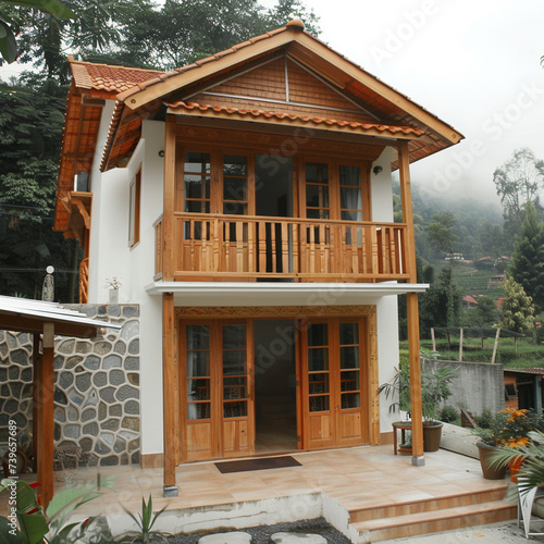 Tiny two floor timber frame house with double front doors and terrace with indonesia theme design