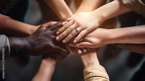 Hands of different diversity stacked in unity and support, top view. photo
