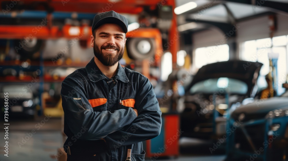 a mechanic with a work uniform, a modern car repair shop in the background, happy and proud of his profession a mechanic with a work uniform, a modern car repair shop in the background, happy and proud of his profession