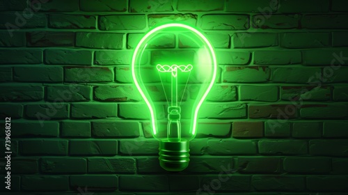 Green Neon lights of Eco Friendly Lightbulb on Wall Brick Background. Green Energy Eco Power, Renewable and Sustainable Energy, Eology and Environmental Conservation photo