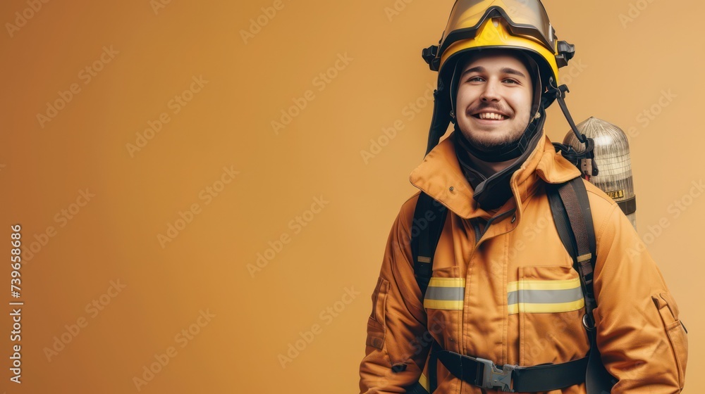 portrait of a happy firefighter, wearing his fireproof suit with copy space portrait of a happy firefighter, wearing his fireproof suit with copy space