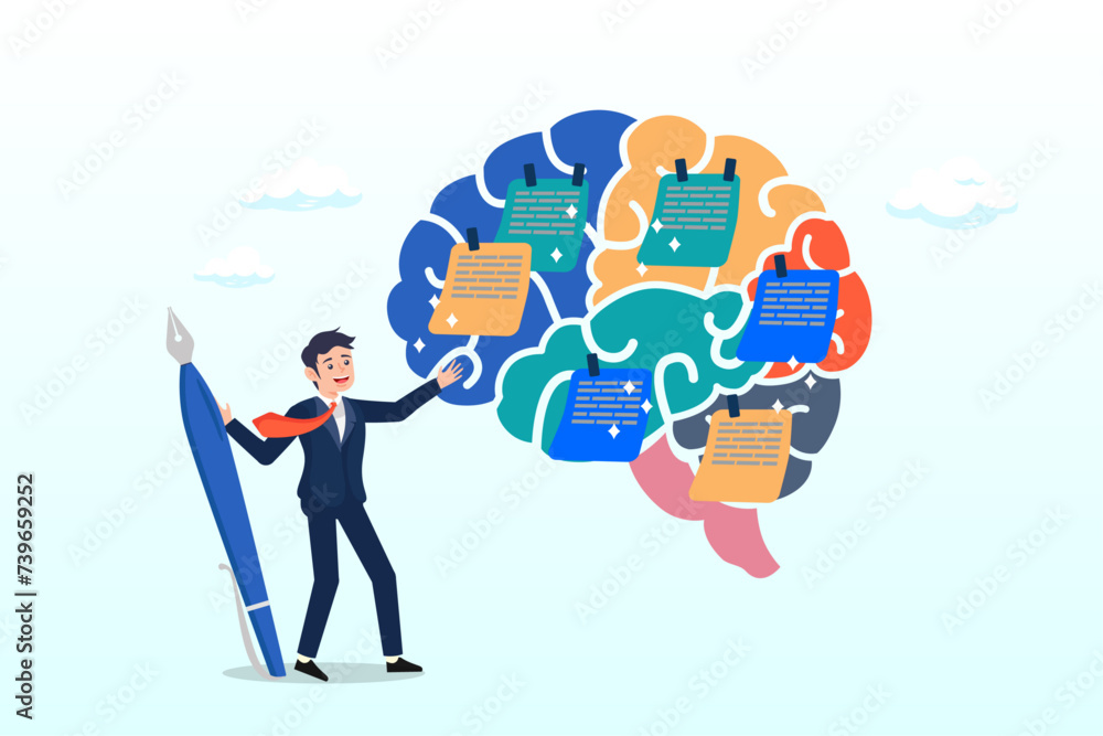 Businessman write sticky notes on human brain, idea memo, brainstorm or