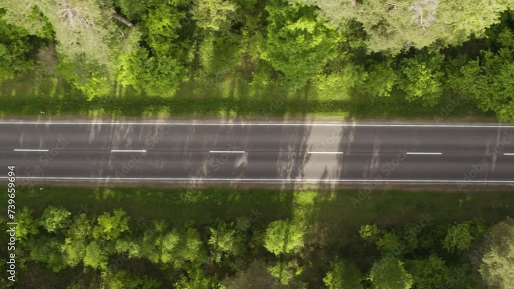 Aerial vertical trucking shot of an empty asphalt road in the middle of the forest in summer Aerial vertical trucking shot of an empty asphalt road in the middle of the forest in summer