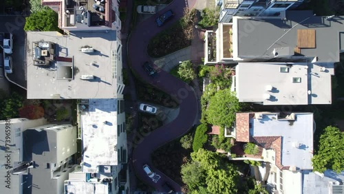 Lombard Street, San Francisco CA USA. Top Down Aerial View of Hairpin Turns and Buildings