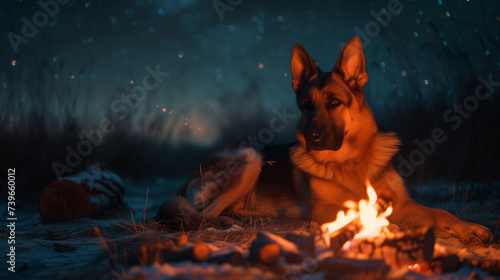 A German Shepherd lying next to a crackling campfire under a starlit sky, capturing a moment of peace and companionship