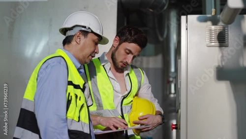 Professional male electrical engineer in safety uniform working and discussion at factory site control room. Industrial technician worker maintenance power system at manufacturing industry plant room. photo