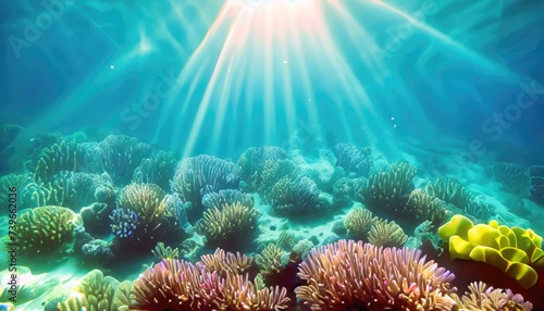 Underwater - Blue Tropical Seabed With Reef And Sunbeam