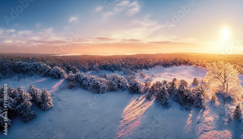 Idyllic winter landscape at sunset. View from above