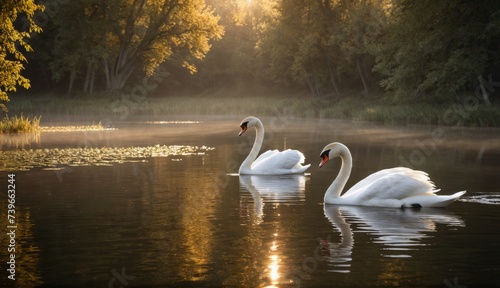 a swans in the water at sunset. Generative AI.