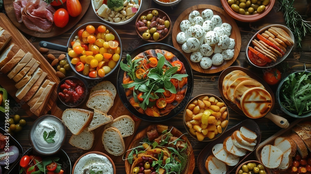 Fototapeta premium Table full of different types of food, top down view. Generative AI.